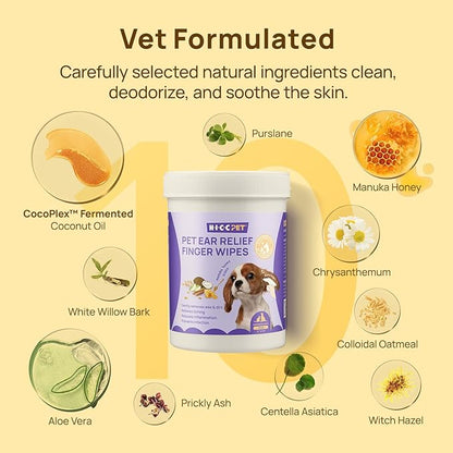 HICC PET Dog Ear Wipes Finger 50 Count Dog Ear Cleaner Wipes for Dogs &amp; Cats, Dog Ear Infection Treatment to Relieve Ear Itching &amp; Inflammation, Remove Ear Wax, Dirt, Smelly - Honey Scent