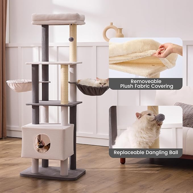 Gardner Pet 65in Heavy Duty Cat Tree Tower for Large Cats, Multi-Level Cat Furniture with Replaceable Sisal Scratching Post, Hammock | Extra-Large Platform &amp; Condo Easy to Clean (Corduroy)