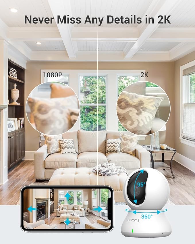 blurams Cameras for Home Security, 2K Pet Camera with Phone App, 360° PTZ Indoor Cameras, 2-Way Talk, Motion Tracking, Color/IR Night Vision, Cloud&amp;SD, Works with Alexa (2Pack, 5GHz/2.4GHz Dual-Band)
