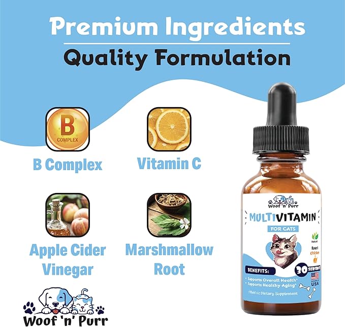 Cat Multivitamin - Promotes Healthy Skin &amp; Coat, Joint Support, Longevity &amp; More - Cat Vitamins - Cat Supplements &amp; Vitamins - Cat Vitamins for Indoor Cats - Kitten Vitamins - Cat Immune Support - 1oz