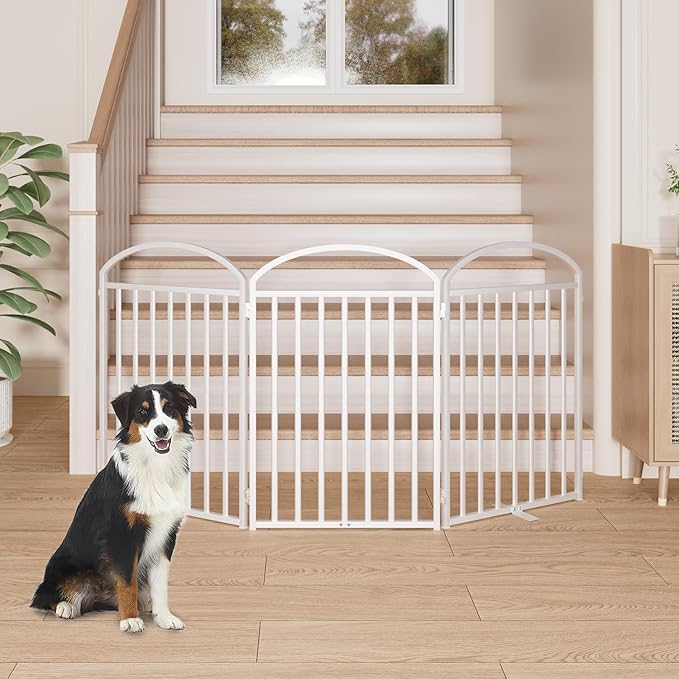 3 Panles Full Matel Freestanding Dog Gates with Door, 72"Extra Wide 32"Tall Free Standing Dog Pet Gate for Indoor &amp; Outdoor. Foldable Pet Fences for Doorways, House, Stairs, Porch, Deck, Yard