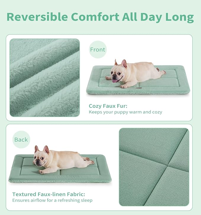 Made4Pets Dog Crate Pad Bed for Large Dogs, Washable &amp; Reversible, Anti-Slip Kennel Mat for Cozy Sleeping, Soft Fluffy Dog Bed for Indoor &amp; Outdoor Use, 44"x32", Green