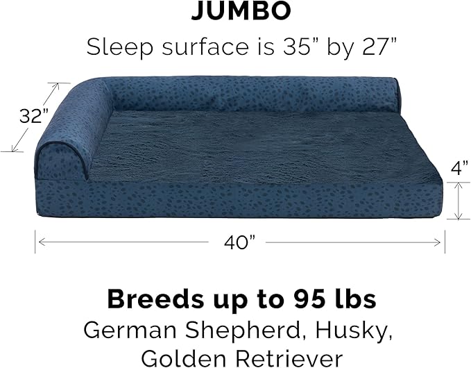 Furhaven Cooling Gel Dog Bed for Large Dogs w/ Removable Bolsters &amp; Washable Cover, For Dogs Up to 95 lbs - Plush &amp; Almond Print L Shaped Chaise - Blue Almonds, Jumbo/XL
