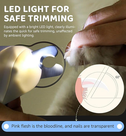 Pet Nail Clipper with Light for Cats &amp; Small Dogs Puppies, Ultra Bright LED to Illuminate Nail Bloodline to Avoid Over Cutting, Extra-Sharp and Durable Cat Claw Trimmer with Nail File (White)