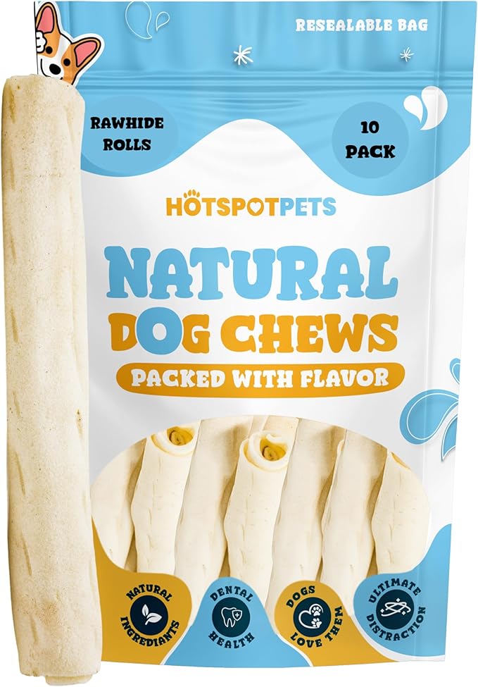 hotspot pets 8-9 Inch Large Rawhide Dog Chew Rolls (10 Pack) - Made from Grass Fed Cows - Great for Dental &amp; Oral Care for Aggressive Chewers Large Dogs