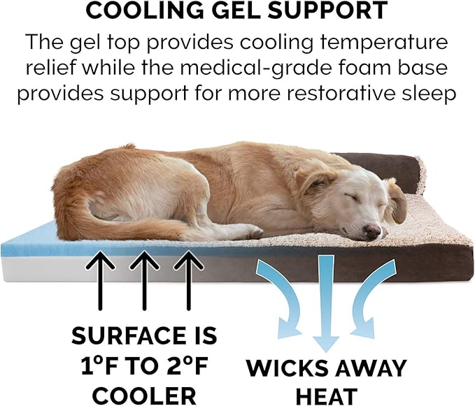 Furhaven Cooling Gel Dog Bed for Large Dogs w/ Removable Bolsters &amp; Washable Cover, For Dogs Up to 125 lbs - Two-Tone Plush Faux Fur &amp; Suede L Shaped Chaise - Espresso, Jumbo Plus/XXL