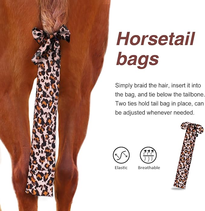 Harrison Howard Stretchy Tail Bag Breathable Horse Tail Guard Slip on Design Protect Horse Tail 2 Strand Closure Straps Keep Tail Clean &amp; Protected 22" L Length Makes Grooming Easy-Leopard Print