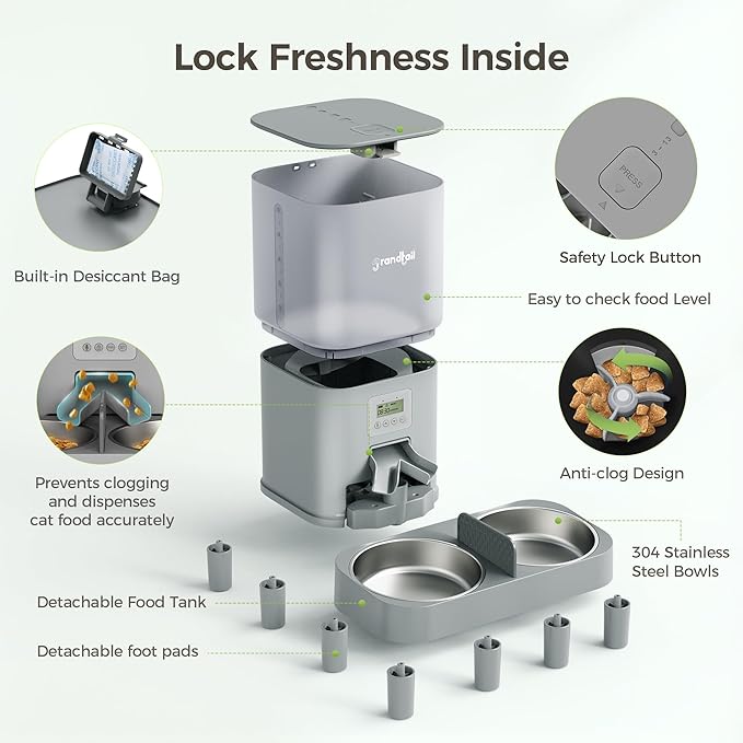 Automatic Cat Feeder for Pets, Programmable Meal Dispenser, for Timed Meals for Up to Cats &amp; Dogs Including Dual Power Supply, and Capacity for 4 Meals Daily