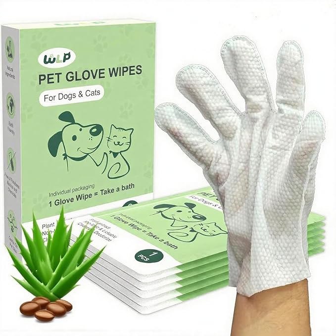 WLP Pet Glove Wipes for Dogs &amp; Cats, Cleaning Deodorizing Hypoallergenic Hydrating Grooming Wipes, Individually Wrapped, Enriched with Aloe &amp; Jojoba Oil for Daily Care, Traveling (6 PCS)