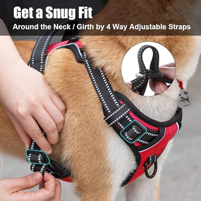 PoyPet No Pull Dog Harness, Reflective Comfortable Vest Harness with Front &amp; Back 2 Leash Attachments and Easy Control Handle Adjustable Soft Padded Pet Vest for Small to Large Dogs (Red,L)