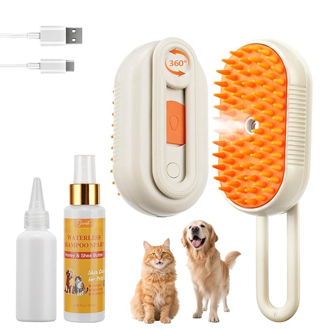 Cat Steam Brush for Shedding, 4 in 1 Rechargeable Pet Steam Brush Set for Dogs &amp; Cats, Pet Spray Hair Removal Comb with Waterless Shampoo, Anti-Static, Massage, Cleaning &amp; Combing All in One