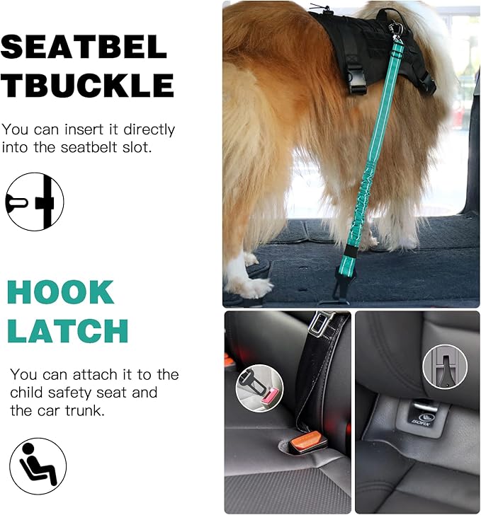 AUBELL Dog Seat Belt for Car,2 Pack Set 3-in-1 Adjustable Reflective Bungee Heavy Duty Dog Car Harness Tether with Clip Hook Latch &amp; Buckle,Swivel Zinc Alloy Carabiner,Black+Teal