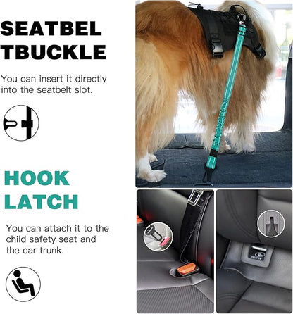 AUBELL Dog Seat Belt for Car,2 Pack Set 3-in-1 Adjustable Reflective Bungee Heavy Duty Dog Car Harness Tether with Clip Hook Latch &amp; Buckle,Swivel Zinc Alloy Carabiner,Black+Teal