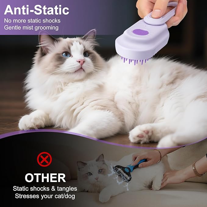 Steam Brush for Cat &amp; Dog – 3-in-1 Spritz Pet Spray Hair Removal Comb for Grooming &amp; Shedding Steam – Water Brush for Long