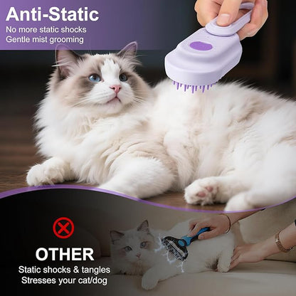 Steam Brush for Cat &amp; Dog – 3-in-1 Spritz Pet Spray Hair Removal Comb for Grooming &amp; Shedding Steam – Water Brush for Long &amp; Short Haired Pets– Includes Two Bottles Waterless Shampoo