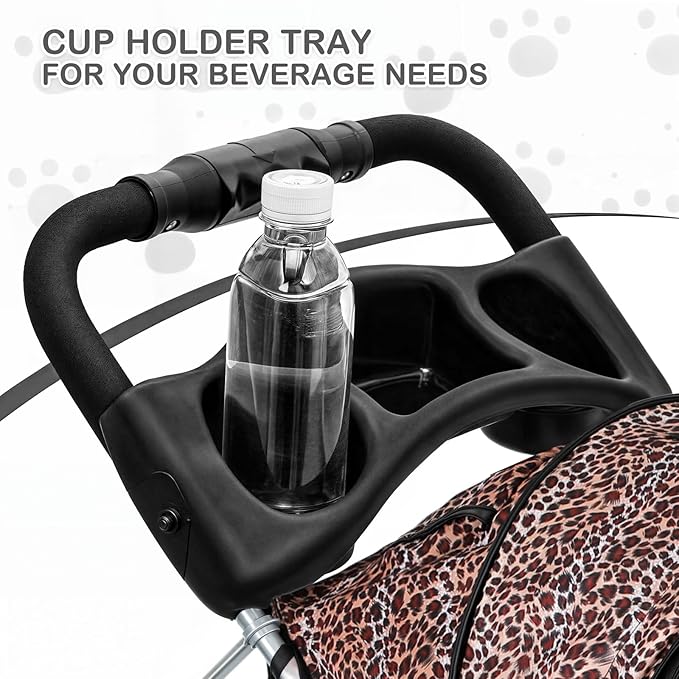 MoNiBloom 3 Wheels Pet Dog Cat Stroller for Small Medium Dogs Cats, Lightweight Foldable Jogger Stroller w/Storage Basket &amp; Cup Holder, Leopard Print