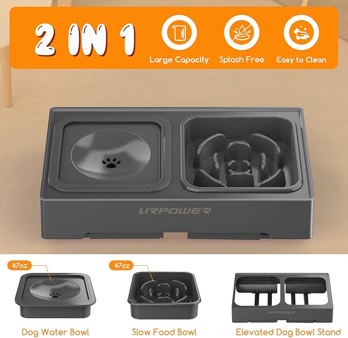 URPOWER 2-in-1 Elevated Slow Feeder with No Spill Dog Water Bowl 4 Height Adjustable Raised Bowl Stand for Small to Large Dogs, Cats &amp; Pets