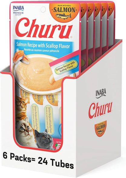 INABA Salmon Churu Cat Treats, Lickable, Squeezable Creamy Purée Cat Treat with Green Tea Extract &amp; Taurine, 0.5 Ounces Each Tube, 24 Tubes (4 per Pack), Salmon Recipe with Scallop Flavor