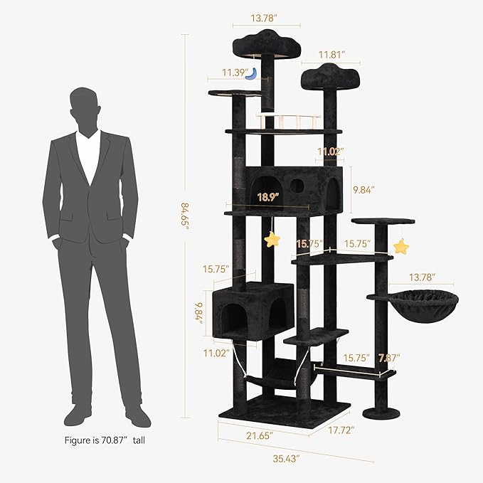 85inch Giant Cat Tree for Heavy Duty Big Cats, Multi-Level Luxury Cat Tower with Scratching Post, Cat Condo with Hammocks &amp; Plush Perches for Indoor Cats Large Adult, Black