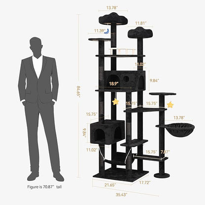 85inch Giant Cat Tree for Heavy Duty Big Cats, Multi-Level Luxury Cat Tower with Scratching Post, Cat Condo with Hammocks &amp; Plush Perches for Indoor Cats Large Adult, Black