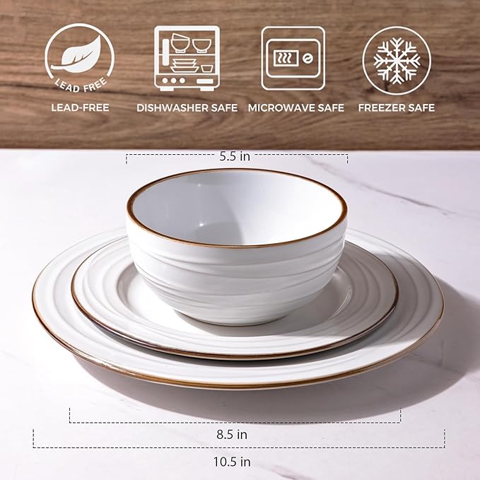 GBHOME Ceramic Dinnerware Sets,18 pcs Embossed Elegant Stoneware Plates and Bowls Sets, Housewarming Wedding Gift | Dishwasher &amp; Microwave Safe | Dishes Set Service for 6