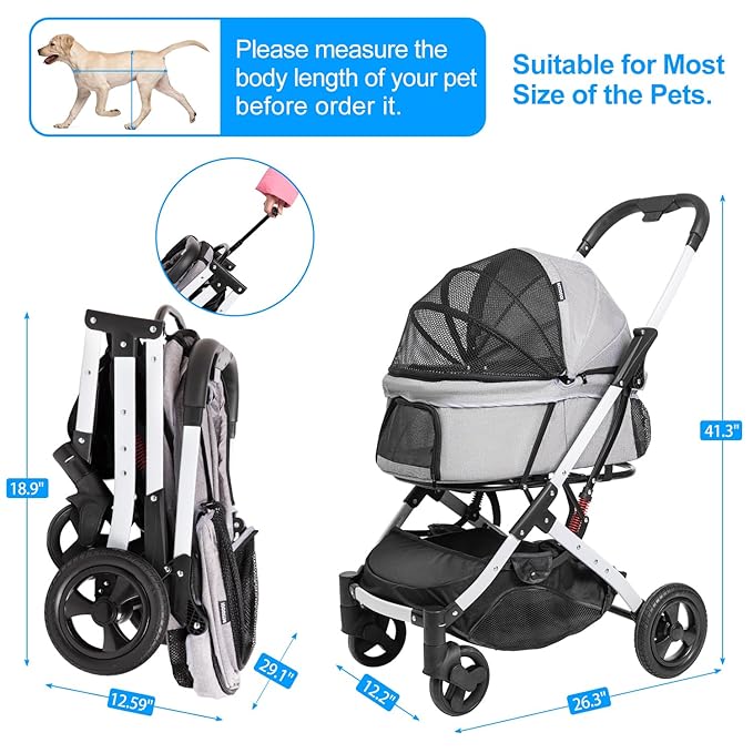 Pet Stroller for Medium Small Dog &amp; Cat, Foldable Lightweight Dog Stroller with Storage Basket Pet Travel Carriage with Safety Leashes, 4 Wheel, Gray