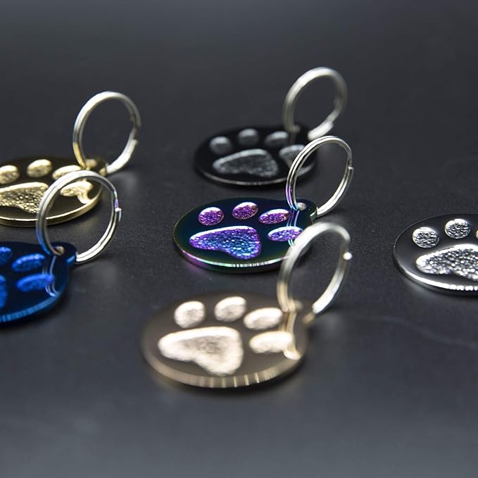 Engraved Pet Tag for Dogs and Cats - Personalized Front &amp; Back up to 4 Lines of Text Custom Engraved ID, Round Paw Print Solid Plating Stainless Steel Blue Small