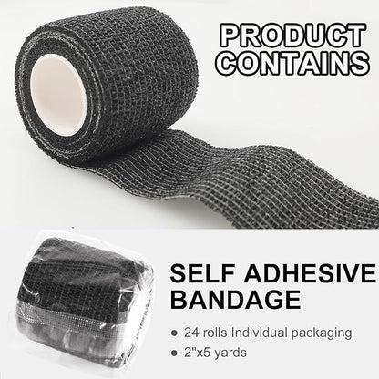 24 Pack Self Adhesive Bandage Wrap, 2” x 5 Yards Elastic Cohesive Bandage Wrap Black Athletic Tape Grip Tape for Ankle, Wrist Sprains, Sports Injuries &amp; Pet First Aid | Medical Sports Tape
