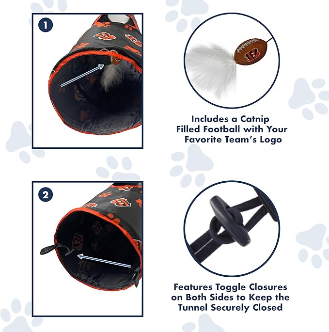 NFL Cincinnati Bengals Cat Tunnel Tube Toy with Plush Football Catnip and Feathers Collapsible Tunnel for Cats to Play, Peek and Hide, Sporty &amp; Fun Cat Tunnel Toy with Team Logo All-Over Design!