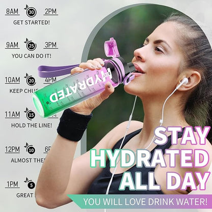 Water Bottle, 32 oz Motivational Water Bottles with Time Marker-Tritan &amp; BPA Free, Sports Water Bottle with Time to Drink &amp; Strap, Wide Mouth, Leakproof -Gift for Christmas Gym Fitness &amp; Outdoor