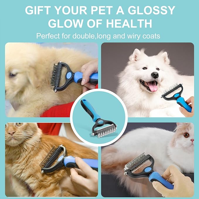 Pet Grooming Brush, Double Sided Undercoat Rake for Dogs &amp; Cats, Professional Deshedding Brush and Dematting Tool, Safe and Effective Removing Knots, Mats, Tangles,and Flying Hair (Blue)