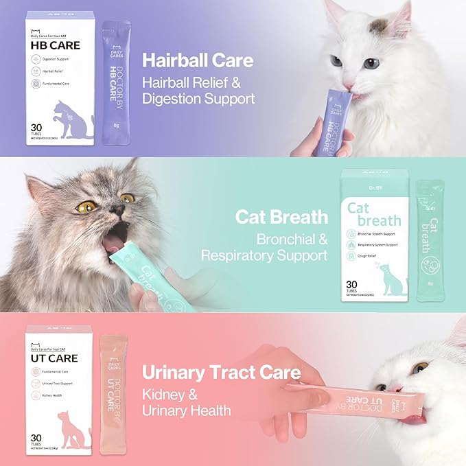 Dr.by HB Care Hairball Supplement for Cats– Hairball Relief Furball Control Remedy &amp; Digestive Support Supplements with Omega-3, Chitosan-30 Individuallly Packaged (1 Pack, 30 Count)