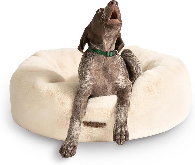 UnHide Floof Pet Bed - Medium (28" x 10") - Extra Soft Dog Bed - Removable Faux Fur Cover - Machine Washable - Helps Ease Pet Anxiety &amp; Provides The Perfect Sleep - Beige Bear