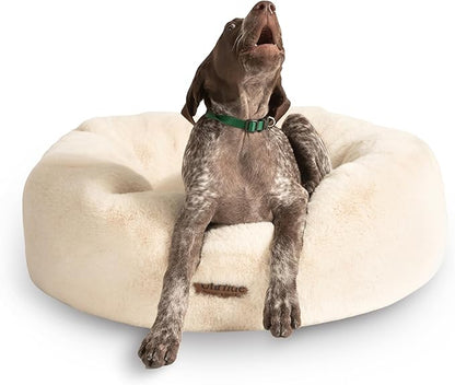 UnHide Floof Pet Bed - Medium (28" x 10") - Extra Soft Dog Bed - Removable Faux Fur Cover - Machine Washable - Helps Ease Pet Anxiety &amp; Provides The Perfect Sleep - Beige Bear