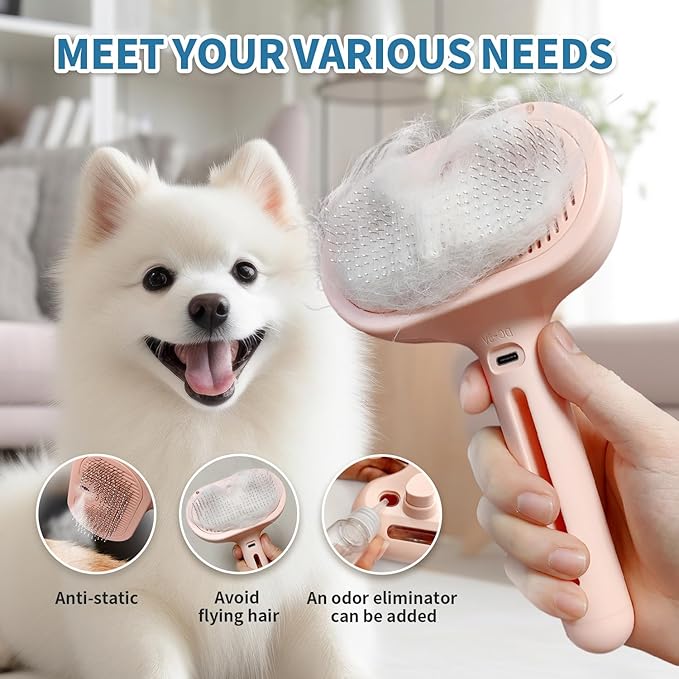 3-in-1 Self-Cleaning Steam Brush - Anti-Static, for Grooming Long &amp; Short Pet Hair, Reduces Shedding, Pink