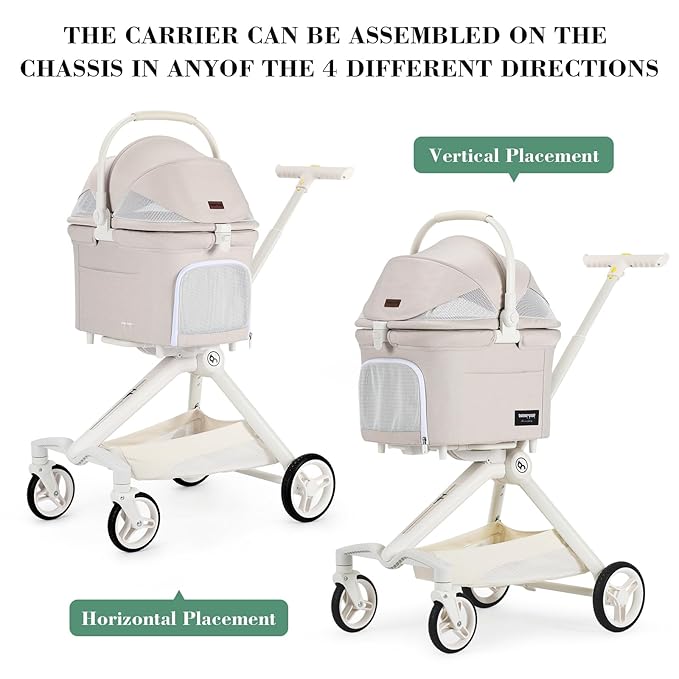 TT Lightweight Pet Stroller for Small Dogs &amp; Cats - 4-Way Installation Carrier, One-Hand Fold, 180° Canopy Cover &amp; Adjustable Handle (Beige)