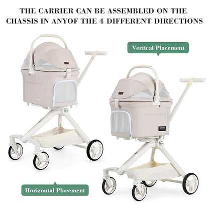TT Lightweight Pet Stroller for Small Dogs &amp; Cats - 4-Way Installation Carrier, One-Hand Fold, 180° Canopy Cover &amp; Adjustable Handle (Beige)