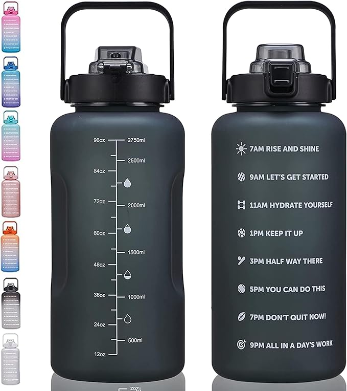 64oz,100oz,128oz Large Motivational Water Bottle with Time Marker, Leakproof &amp; BPA Free Half Gallon Big Water Bottle with Straw Handle Tritan Frosted Water Jug for Gym,Fitness,Outdoor Sports