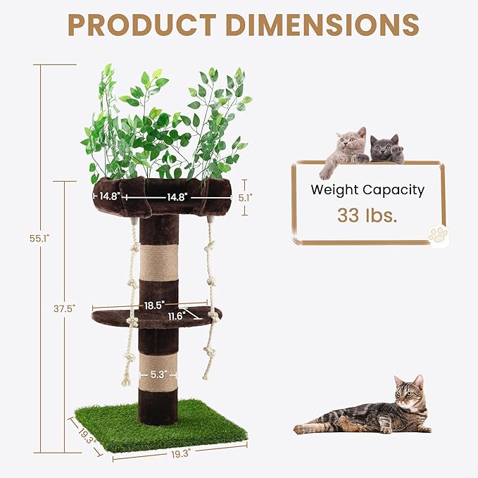 SHA CERLIN 55 Inches Cat Tree Tower with Leaves/Cozy Perches with Scratching Post for Indoor Kittens and Adults Cats/Sisal Rope and Simulated Lawn with Wide Base/Brown &amp; Green