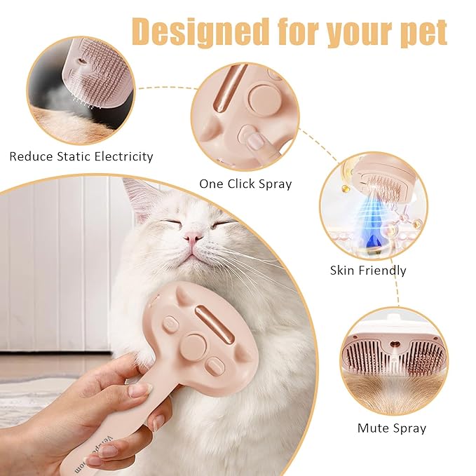 Cat Steam Brush for Shedding, Pet Steam Brush for Dog with Release Button,Anti-Static Pet Spray Hair Removal Comb,Cat Spray Comb for Long &amp; Short Haired Pets,Pink