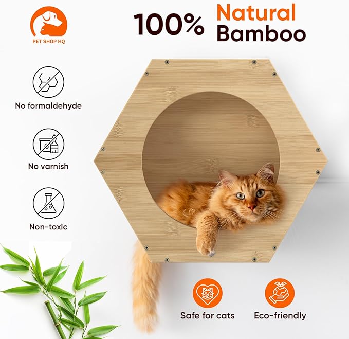 Cat Wall Furniture - Climbing Shelves, Ladders, Hammock &amp; More - Bamboo Material - Light Brown - Cat House, Shelves, Perches, Hammock, Bed, Bridges, Walkways