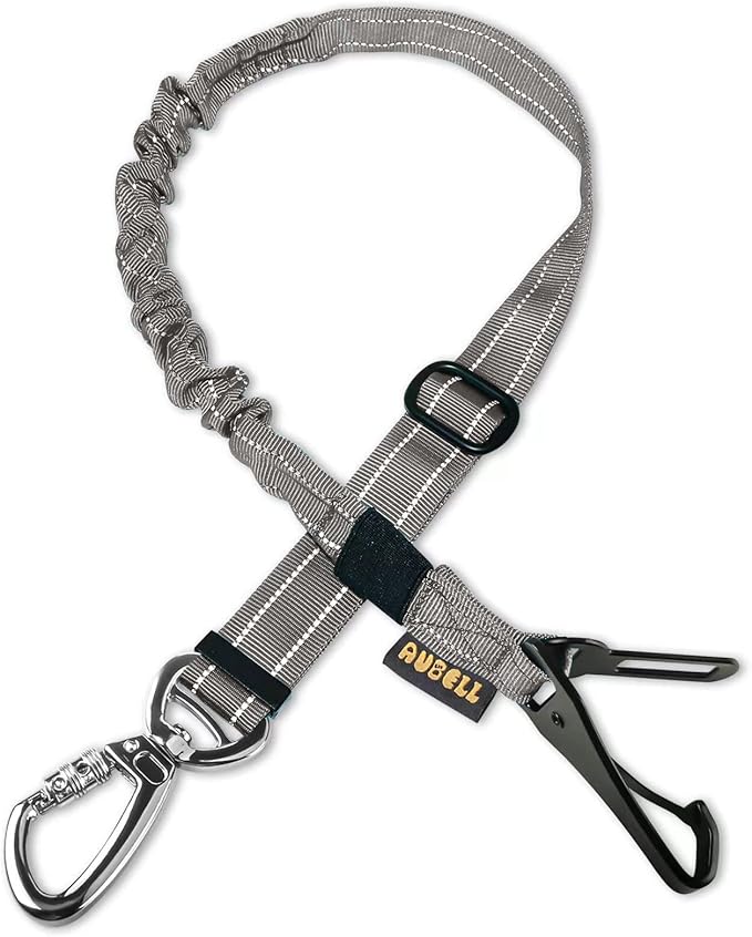 AUBELL Dog Seat Belt for Car,Updated 3-in-1 Adjustable Reflective Bungee Heavy Duty Dog Car Harness Tether with Clip Hook Latch &amp; Buckle,Swivel Zinc Alloy Carabiner,Grey