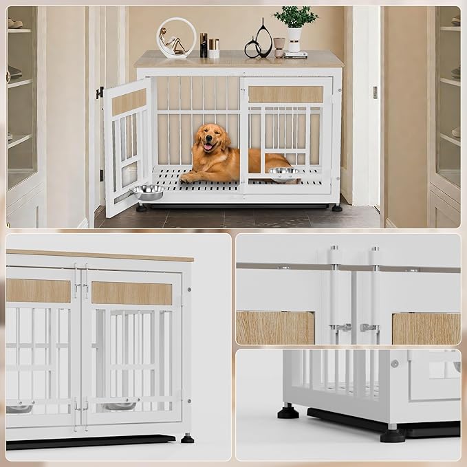Dog Crate Furniture End Table, 38 Inch Hidden Kennel Cabinet with Removable Tray, Thickened Metal Frame Dog Cage, Dual-Purpose Pet House &amp; Nightstand for Living Room