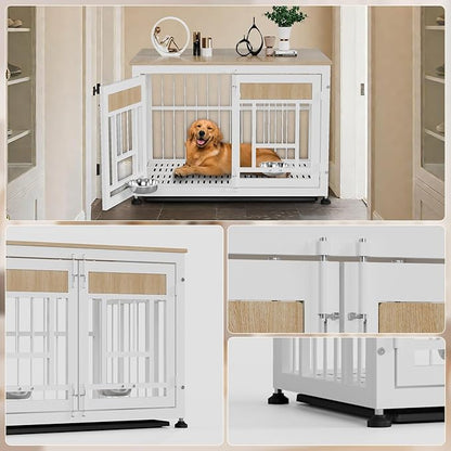 Dog Crate Furniture End Table, 38 Inch Hidden Kennel Cabinet with Removable Tray, Thickened Metal Frame Dog Cage, Dual-Purpose Pet House &amp; Nightstand for Living Room