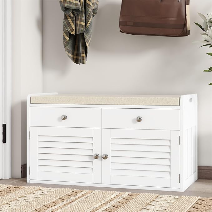 Shoe Storage Bench with 2 Drawers &amp; 2 Doors, Entryway Bench with Cushion, 2 Adjustable Shelves, Shoe Cabinet for Entryway, Living Room, Hallway, Mudroom, Bedroom, White