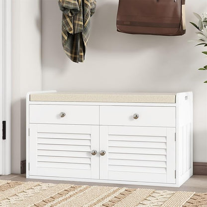 Shoe Storage Bench with 2 Drawers &amp; 2 Doors, Entryway Bench with Cushion, 2 Adjustable Shelves, Shoe Cabinet for Entryway, Living Room, Hallway, Mudroom, Bedroom, White