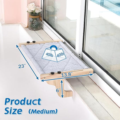 Easy Seat Cat Perch for Window Sill - Hammock Design w/Pine Wood &amp; Robust Metal Frame - Cat Window Seat for Large Cats and Kittens (Natural Color Wood w/Gray Bed, Medium (23&