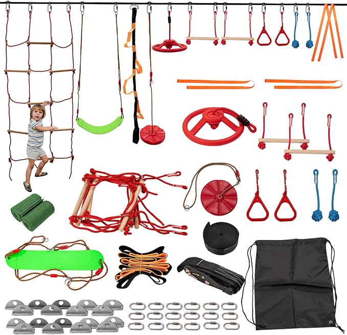 Slsy 60FT Ninja Warrior Obstacle Course (13 Obstacles), Ninja Slackline Kit for Kids, Durable Playset Equipment with 13 Most Complete Set-Monkey Bar,Swing, Balance Belt, Climbing Ladder &amp; Net