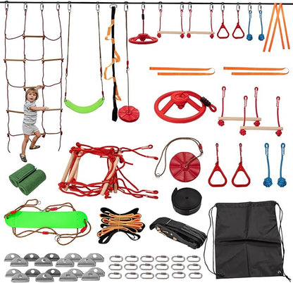 Slsy 60FT Ninja Warrior Obstacle Course (13 Obstacles), Ninja Slackline Kit for Kids, Durable Playset Equipment with 13 Most Complete Set-Monkey Bar,Swing, Balance Belt, Climbing Ladder &amp; Net