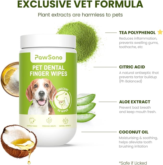 Dog Teeth Cleaning Wipes, Fresh Breath Pet Dental Finger Wipes for Dogs &amp; Cats, Dog Dental Wipes Teeth Wipes, Lick-Safe Pet Toothbrus for Easy Removal of Tartar Buildup, Unscented, 50 PCS